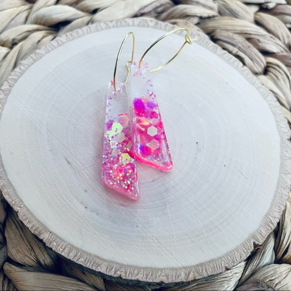 BOUTIQUE Resin Drop Earrings, Holographic Mixed Pink Chunky Glitter, Fun Hoops - Picture 8 of 11